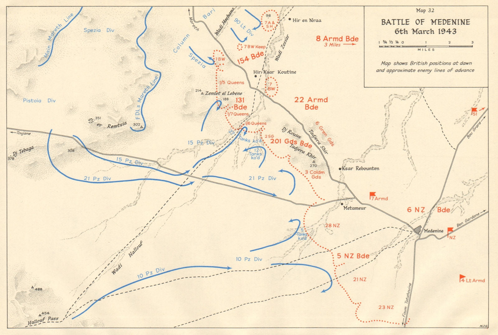 Battle of Medenine 6th March 1943. Tunisia. World War 2 1966 old vintage map